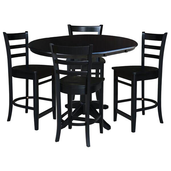 International Concepts 36 in. Round Extension Dining Table with 4 Emily Counter Height Stools - 5 Piece Set - K46-36RXT-27-S6172-4