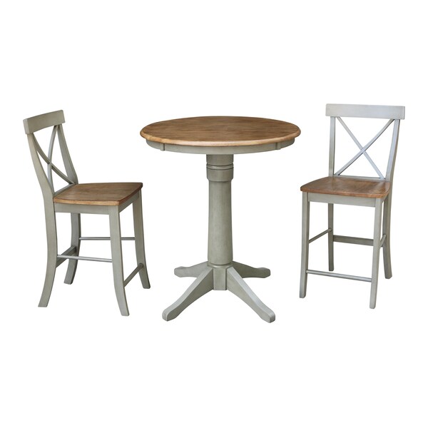 International Concepts Round 30 in Rd Ped Gathering Ht Table, 2 X-Back Counter Ht Stools, Hickory/Stone, 30 in W, 30 in L - K41-30RT-27B-S6132-2