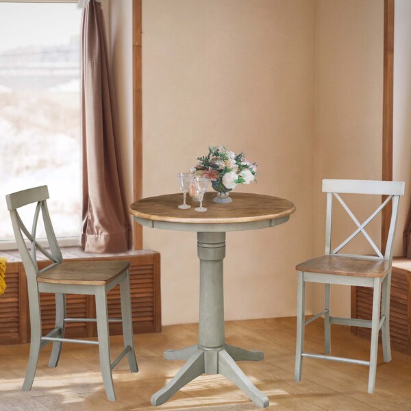 International Concepts Round 30 in Rd Ped Gathering Ht Table, 2 X-Back Counter Ht Stools, Hickory/Stone, 30 in W, 30 in L - K41-30RT-27B-S6132-2