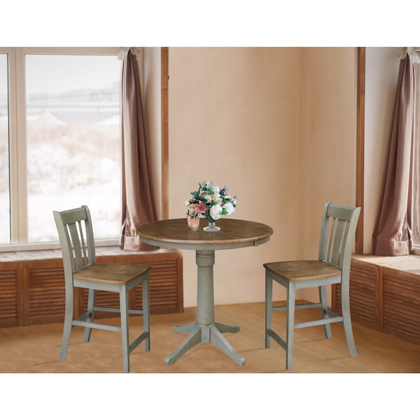 International Concepts Round 36 in Rd Extend Dining Table, 2 San Remo Counter Ht Stools, Hickory/Stone, 36 in W, 48 in L - K41-36RXT-27B-S102-2