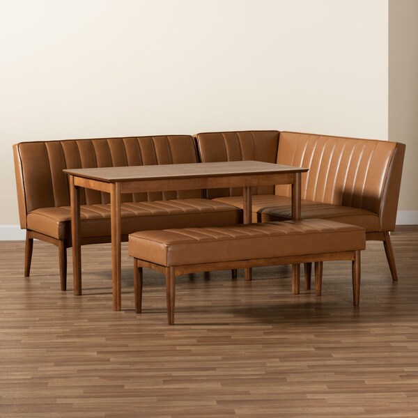 Baxton Studio Daymond Mid-Century Modern Tan Faux Leather and Walnut Brown Finished Wood 4-Piece Dining Nook Set - 186-11352-11354-9305-ZORO