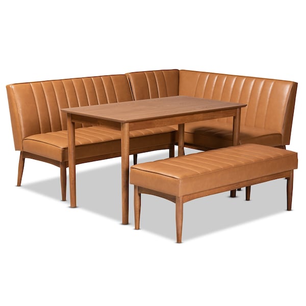 Baxton Studio Daymond Mid-Century Modern Tan Faux Leather and Walnut Brown Finished Wood 4-Piece Dining Nook Set - 186-11352-11354-9305-ZORO
