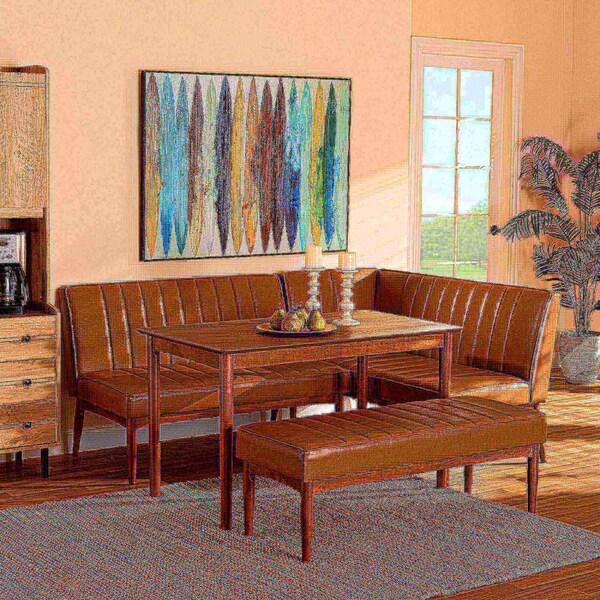 Baxton Studio Daymond Mid-Century Modern Tan Faux Leather and Walnut Brown Finished Wood 4-Piece Dining Nook Set - 186-11352-11354-9305-ZORO