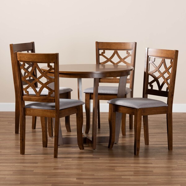 Baxton Studio Tricia Grey Upholstered and Walnut Wood 5-Piece Dining Set - 172-9875-10897