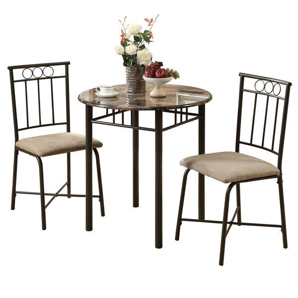 Monarch Specialties Dining Set - 3Pcs Set / Espresso Marble / Bronze Metal - I 3045