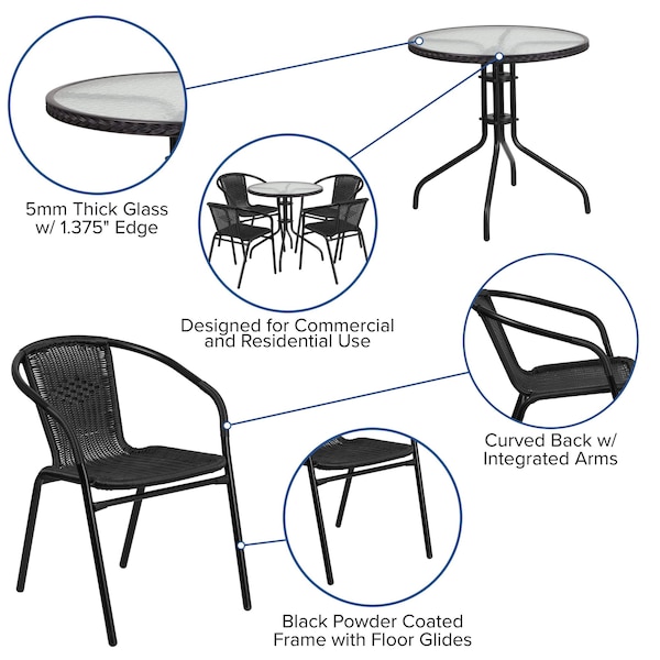 Flash Furniture Round Glass Table w/4 Blk Rattan Chrs, Rnd, 28", 28.75 W, 28.75 L, 28 H, Clear - TLH-087RD-037BK4-GG
