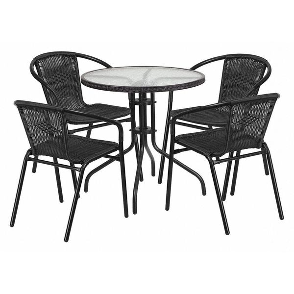 Flash Furniture Round Glass Table w/4 Blk Rattan Chrs, Rnd, 28", 28.75 W, 28.75 L, 28 H, Clear - TLH-087RD-037BK4-GG
