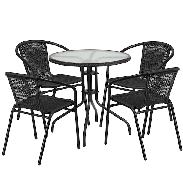 Flash Furniture Round Glass Table w/4 Blk Rattan Chrs, Rnd, 28", 28.75 W, 28.75 L, 28 H, Clear - TLH-087RD-037BK4-GG