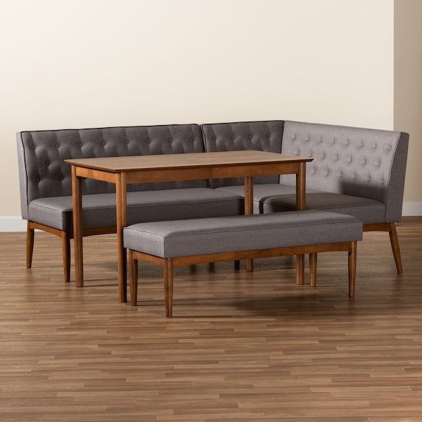 Baxton Studio Riordan Mid-Century Modern Grey Fabric and Walnut Brown Finished Wood 4-Piece Dining Nook Set - 186-11355-9308-9305-ZORO