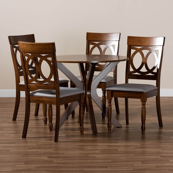 Baxton Studio Jessie Grey Upholstered and Walnut Wood 5-Piece Dining Set - 171-9877-10891