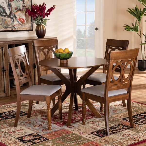 Baxton Studio Jessie Grey Upholstered and Walnut Wood 5-Piece Dining Set - 171-9877-10891