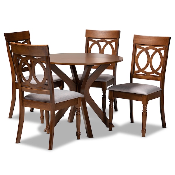 Baxton Studio Jessie Grey Upholstered and Walnut Wood 5-Piece Dining Set - 171-9877-10891
