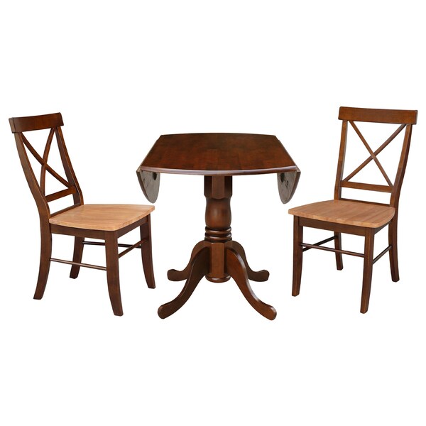 International Concepts 42 in Dual Drop Leaf Dining Table with 2 Cross Back Dining Chairs - 3 Piece Dining Set - K581-42DP-C58-613P