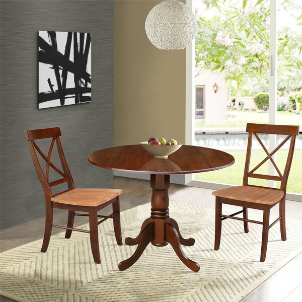 International Concepts 42 in Dual Drop Leaf Dining Table with 2 Cross Back Dining Chairs - 3 Piece Dining Set - K581-42DP-C58-613P