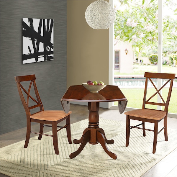 International Concepts 42 in Dual Drop Leaf Dining Table with 2 Cross Back Dining Chairs - 3 Piece Dining Set - K581-42DP-C58-613P