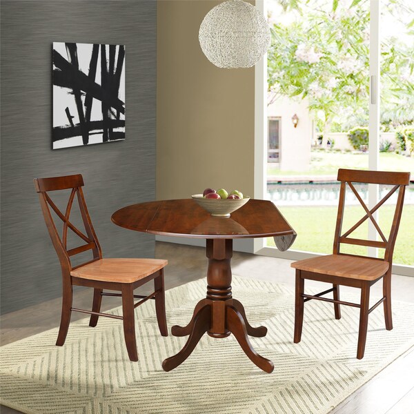 International Concepts 42 in Dual Drop Leaf Dining Table with 2 Cross Back Dining Chairs - 3 Piece Dining Set - K581-42DP-C58-613P