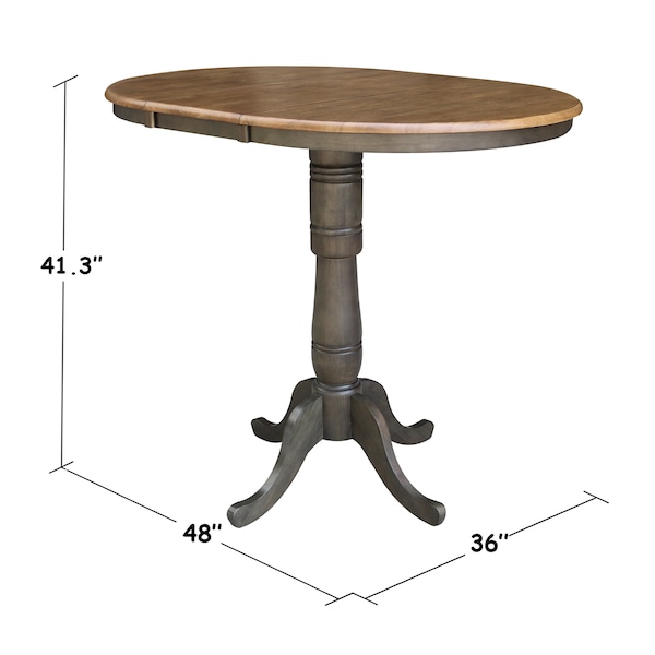 International Concepts Round 36 in Rd top ped table, 12 in leaf, 41.3 inh, bar Height, Hickory/Washed Coal, 36 in W, 48 in L - K45-36RXT-6B-2