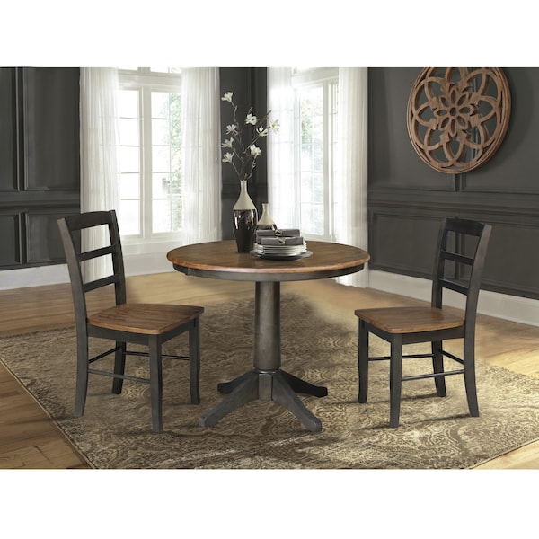 International Concepts 36 in. Round Extension Dining Table with Leaf and 2 Madrid LadderBack Chairs - 3 Piece Dining Set - K45-36RXT-27B-C2-2