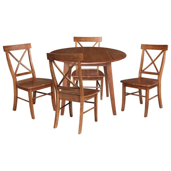 International Concepts 42 in. Solid Wood Round Dual Drop Leaf Dining Table with 4 Chairs in Distressed Oak - K42-42DL-C613-4