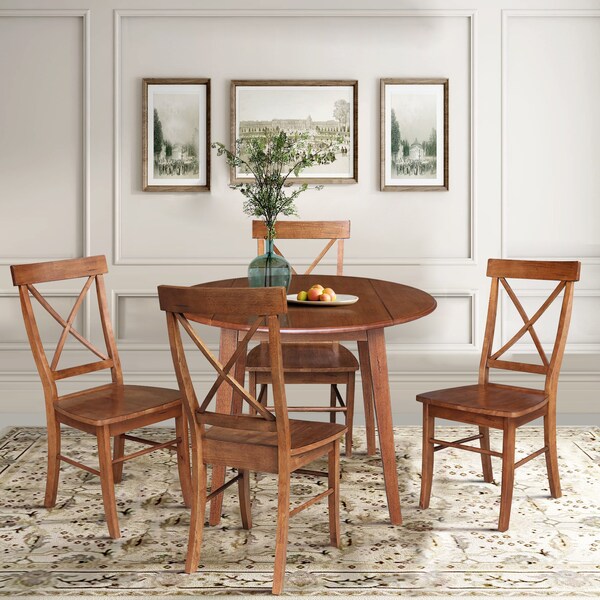 International Concepts 42 in. Solid Wood Round Dual Drop Leaf Dining Table with 4 Chairs in Distressed Oak - K42-42DL-C613-4