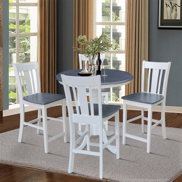 International Concepts 36 in. Solid Wood Round Pedestal Gathering Height Dining Table with 4 Counter Stools in White/Gray - K05-36RT-6B-S102-4