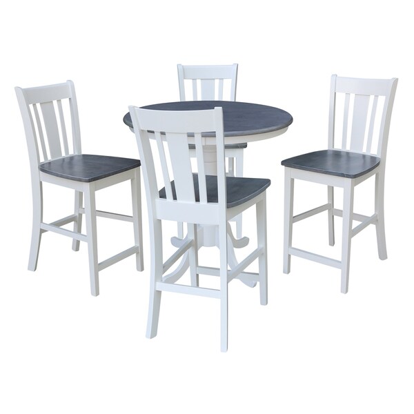 International Concepts 36 in. Solid Wood Round Pedestal Gathering Height Dining Table with 4 Counter Stools in White/Gray - K05-36RT-6B-S102-4