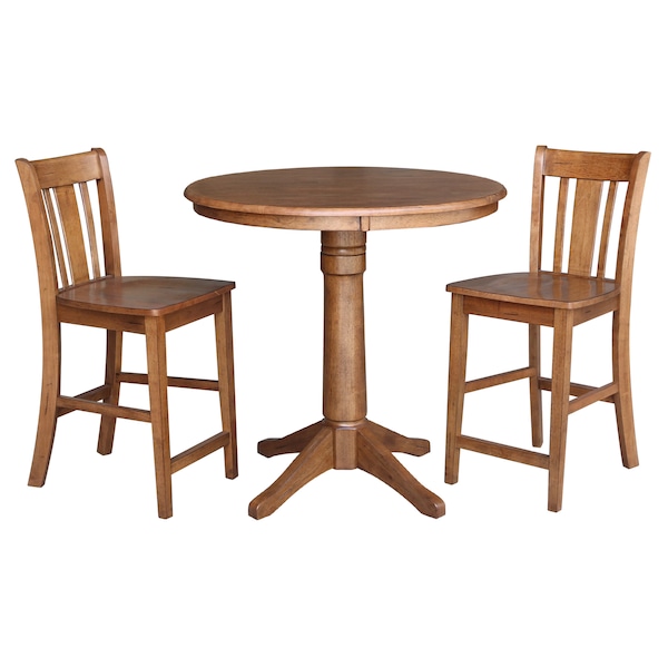 International Concepts Round 36 in Rd Ped Gathering Ht Table, 2 San Remo Stools, Distressed Oak, 36 in W, 36 in L, 35.1 in H - K42-36RT-27B-S102-2