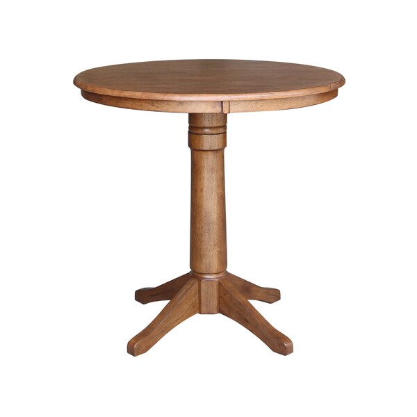 International Concepts Round 36 in Rd Ped Gathering Ht Table, 2 San Remo Stools, Distressed Oak, 36 in W, 36 in L, 35.1 in H - K42-36RT-27B-S102-2