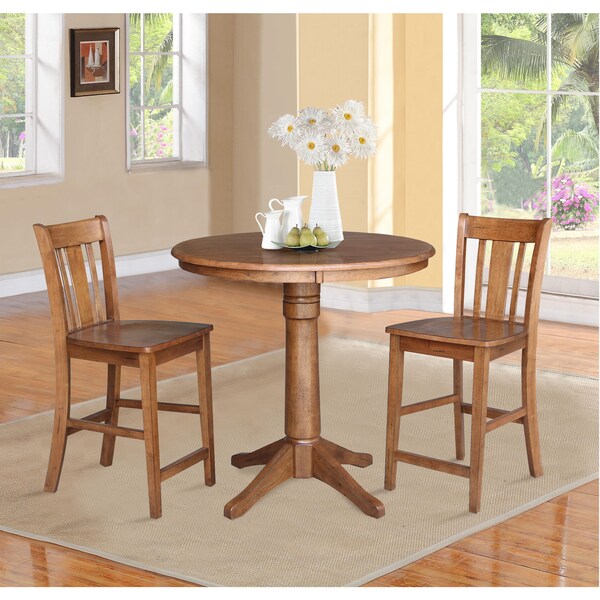 International Concepts Round 36 in Rd Ped Gathering Ht Table, 2 San Remo Stools, Distressed Oak, 36 in W, 36 in L, 35.1 in H - K42-36RT-27B-S102-2