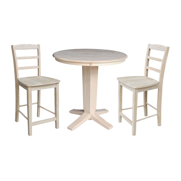 International Concepts 36 in. Solid Wood Round Top Pedestal Dining Table with 2 Counter Height Stools, Unfinished - K-36RT-23B-S402-2