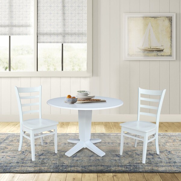 International Concepts 42 in. Solid Wood Round Drop Leaf Pedestal Table with 2 Dining Chairs in White - K08-42DPT-23B-C617-2