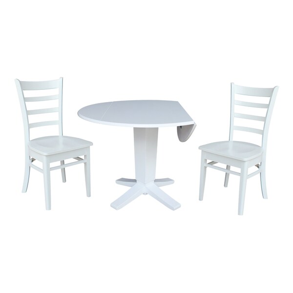 International Concepts 42 in. Solid Wood Round Drop Leaf Pedestal Table with 2 Dining Chairs in White - K08-42DPT-23B-C617-2