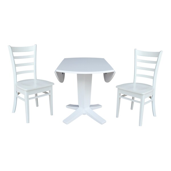 International Concepts 42 in. Solid Wood Round Drop Leaf Pedestal Table with 2 Dining Chairs in White - K08-42DPT-23B-C617-2