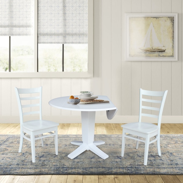 International Concepts 42 in. Solid Wood Round Drop Leaf Pedestal Table with 2 Dining Chairs in White - K08-42DPT-23B-C617-2