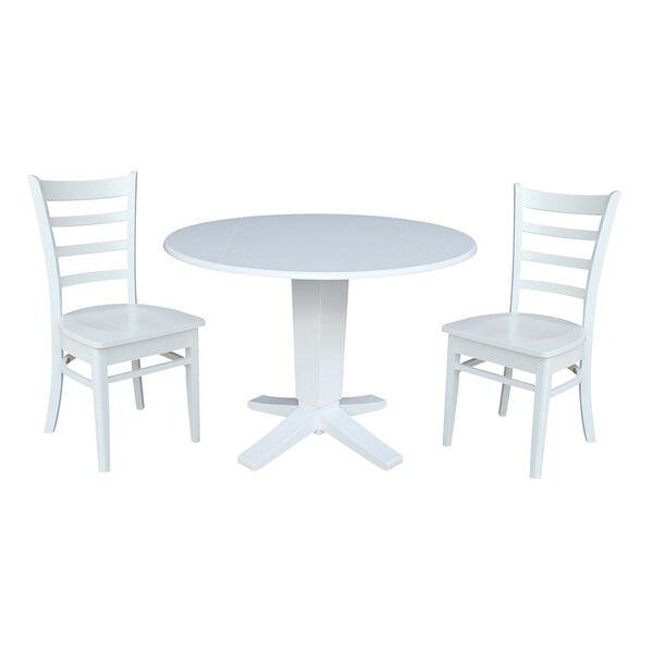 International Concepts 42 in. Solid Wood Round Drop Leaf Pedestal Table with 2 Dining Chairs in White - K08-42DPT-23B-C617-2