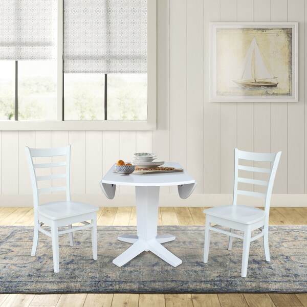 International Concepts 42 in. Solid Wood Round Drop Leaf Pedestal Table with 2 Dining Chairs in White - K08-42DPT-23B-C617-2