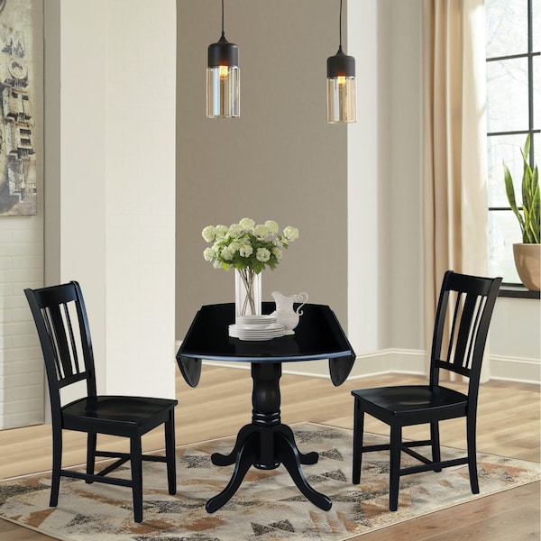 International Concepts Round 42 in Dual Drop Leaf Table with 2 San Remo Chairs, Black, 42 in W, 42 in L, 29.75 in H, Wood - K46-42DP-C10