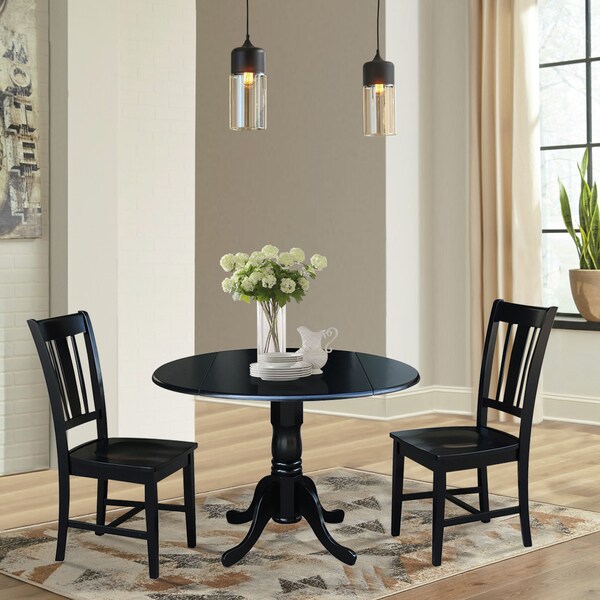 International Concepts Round 42 in Dual Drop Leaf Table with 2 San Remo Chairs, Black, 42 in W, 42 in L, 29.75 in H, Wood - K46-42DP-C10