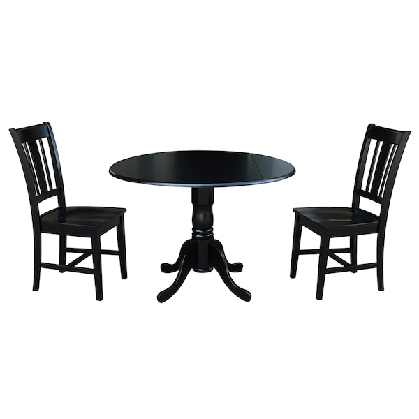 International Concepts Round 42 in Dual Drop Leaf Table with 2 San Remo Chairs, Black, 42 in W, 42 in L, 29.75 in H, Wood - K46-42DP-C10