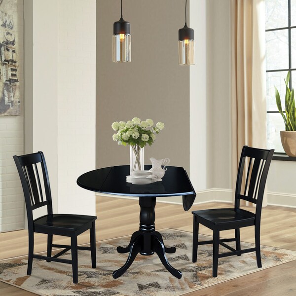 International Concepts Round 42 in Dual Drop Leaf Table with 2 San Remo Chairs, Black, 42 in W, 42 in L, 29.75 in H, Wood - K46-42DP-C10