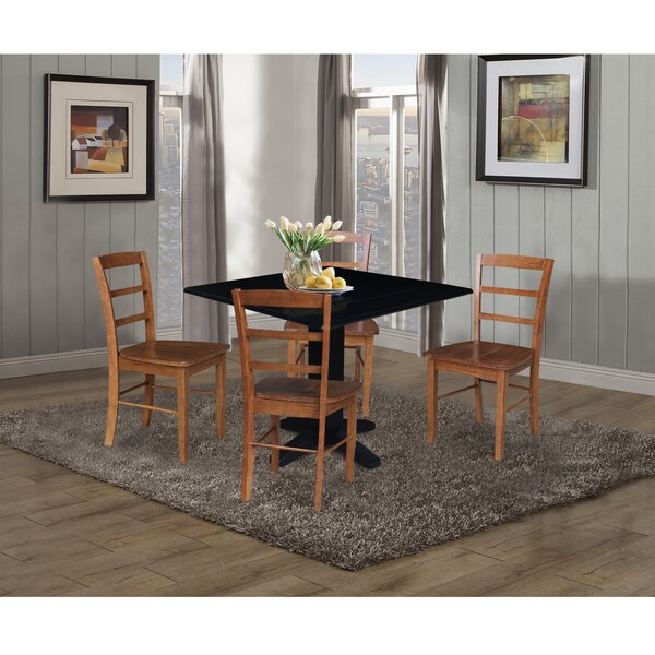 International Concepts 36 in. Solid Wood Square Dual Drop Leaf Dining Table with 4 Chairs in Black/Distressed Oak - K46-36SDP-C42-2-4