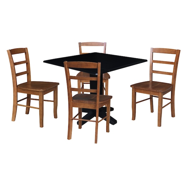 International Concepts 36 in. Solid Wood Square Dual Drop Leaf Dining Table with 4 Chairs in Black/Distressed Oak - K46-36SDP-C42-2-4