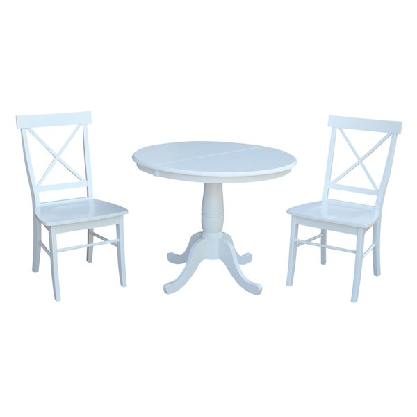 International Concepts Round 36 in Round Extension Dining Table with 2 X-Back Chairs, White, 36 in W, 48 in L, 28.9 in H - K08-36RXT-C613-2