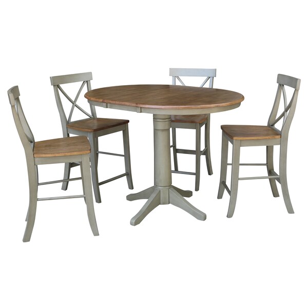 International Concepts Round 36 in Rd Extension Dining Table, 4 X-Back Counter Ht Stools, Hickory/Stone, 36 in W, 48 in L - K41-36RXT-27B-S6132-4