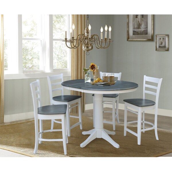 International Concepts Round 36 in Rd Extend Dining Table, 4 Emily Stools, White/Heather Gray, 36 in W, 48 in L, 36.1 in H - K05-36RXT-27B-S6172-4