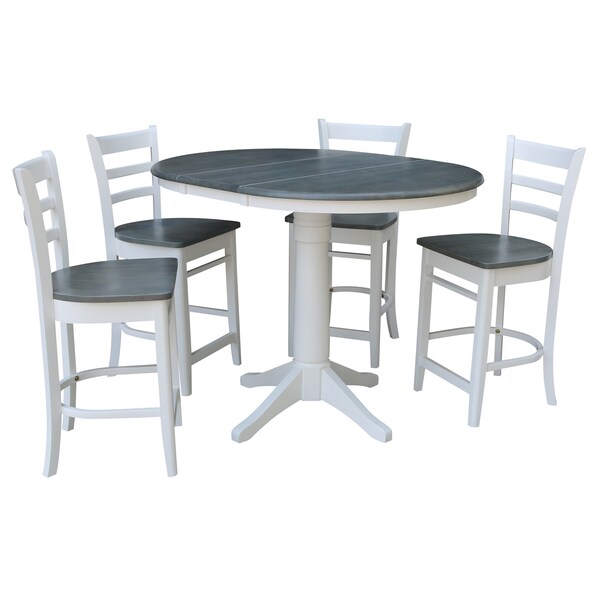 International Concepts Round 36 in Rd Extend Dining Table, 4 Emily Stools, White/Heather Gray, 36 in W, 48 in L, 36.1 in H - K05-36RXT-27B-S6172-4