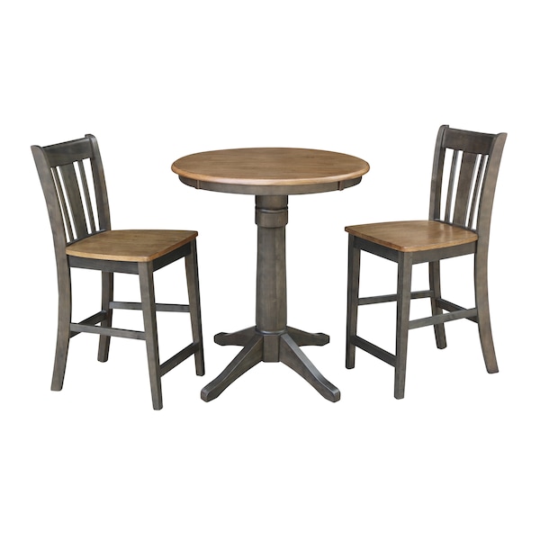 International Concepts Round 30 in Rd Ped Gathering Ht Table, 2 San Remo Stools, Hickory/Coal, 30 in W, 30 in L, 35.9 in H - K45-30RT-27B-S102-2