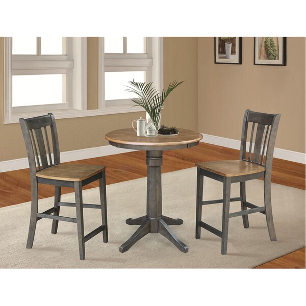 International Concepts Round 30 in Rd Ped Gathering Ht Table, 2 San Remo Stools, Hickory/Coal, 30 in W, 30 in L, 35.9 in H - K45-30RT-27B-S102-2