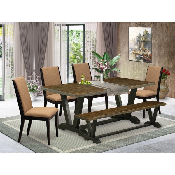East West Furniture 6 Piece V-Style Stylish Dining Room Table Set - Wire Brushed Black - V677LA147-6