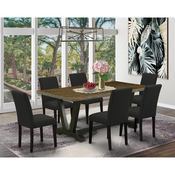 East West Furniture 7 Piece V-Style Dining Room Table Set - Black - V677AB624-7
